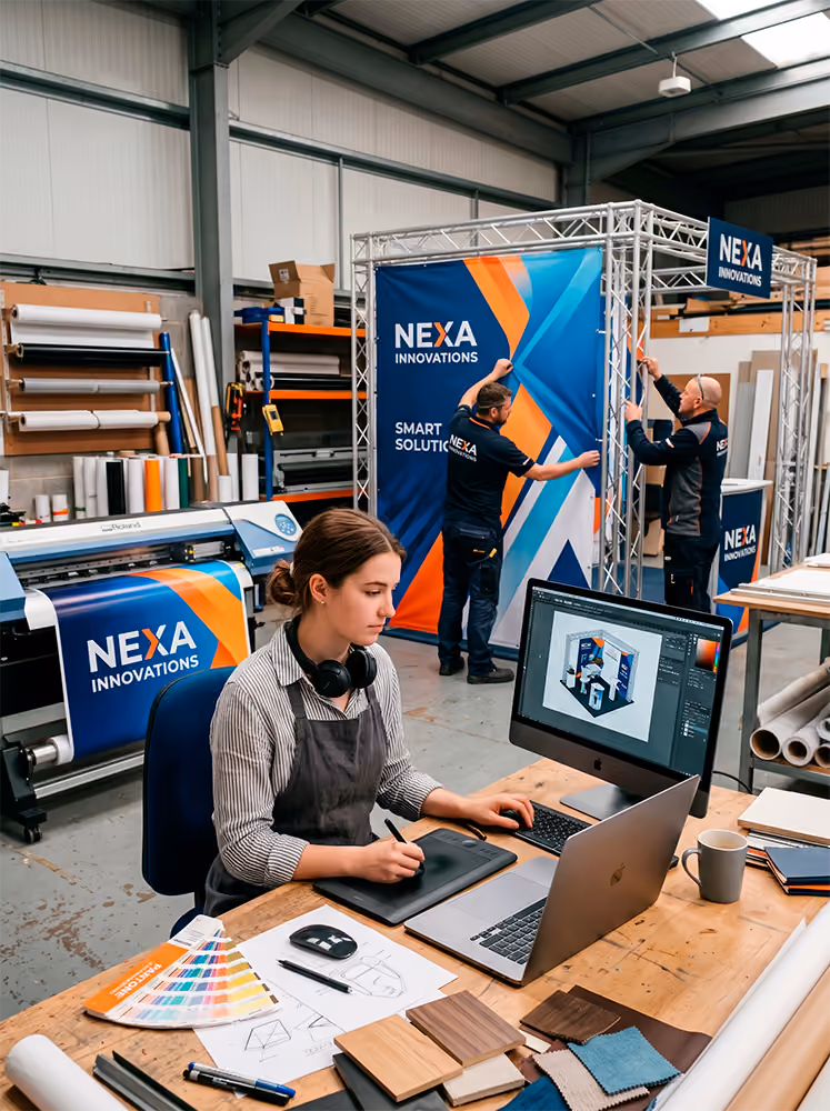 Mulher usando mesa com laptop e mesa digitalizadora, homens montam estande com banner Nexa Innovations.